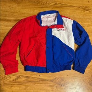Burnham Racing Swingster Men’s size Large Red White Blue Zip Up Jacket Made USA